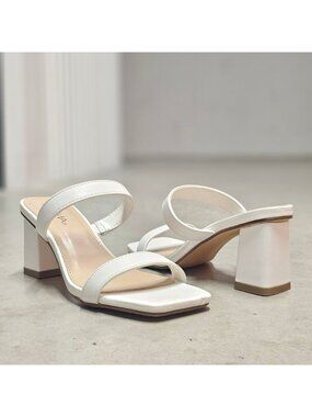 White Faux Leather Block Heel Sandals With Double Straps & Square Toe For Women